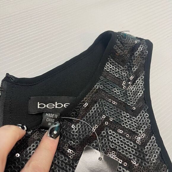 NWT Bebe Uptown Leather And Shine Black Sequin Tank Top Size Medium New - Picture 3 of 6